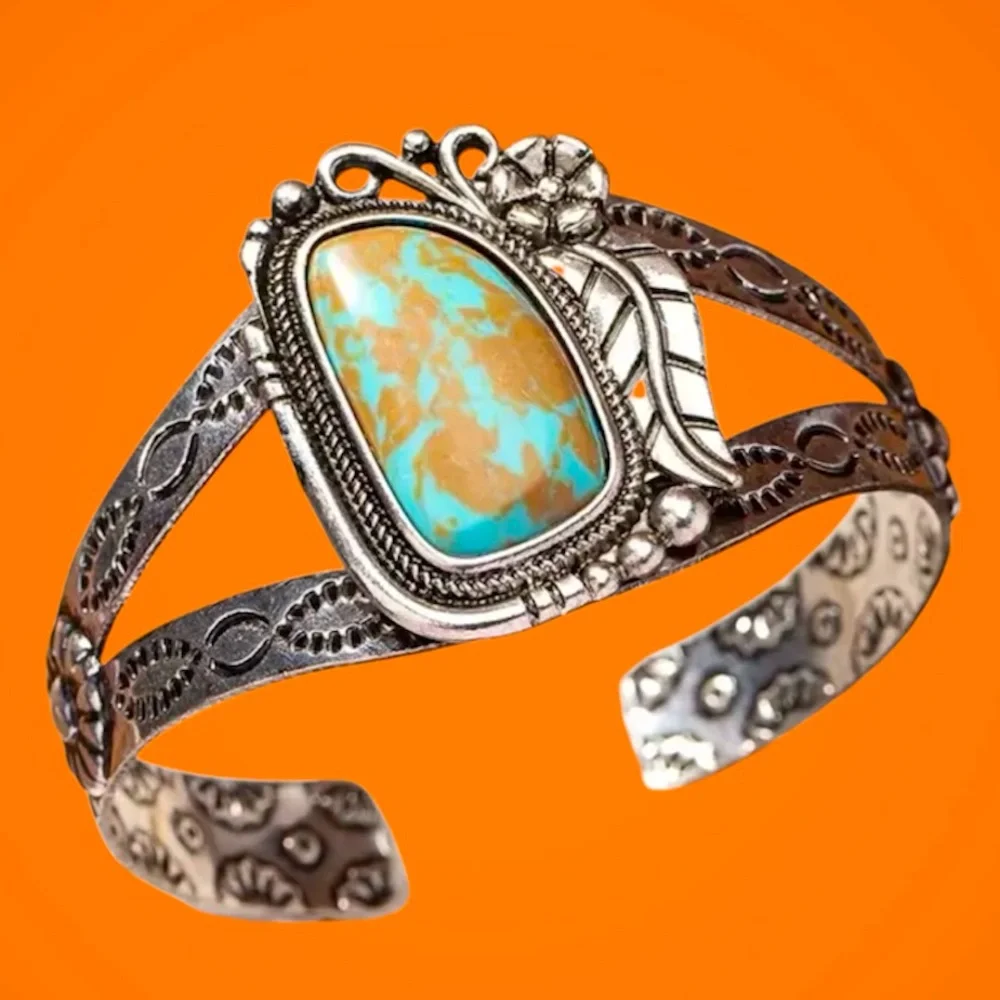 Unique boho western chic silver cuff bracelet with turquoise mosiac stone